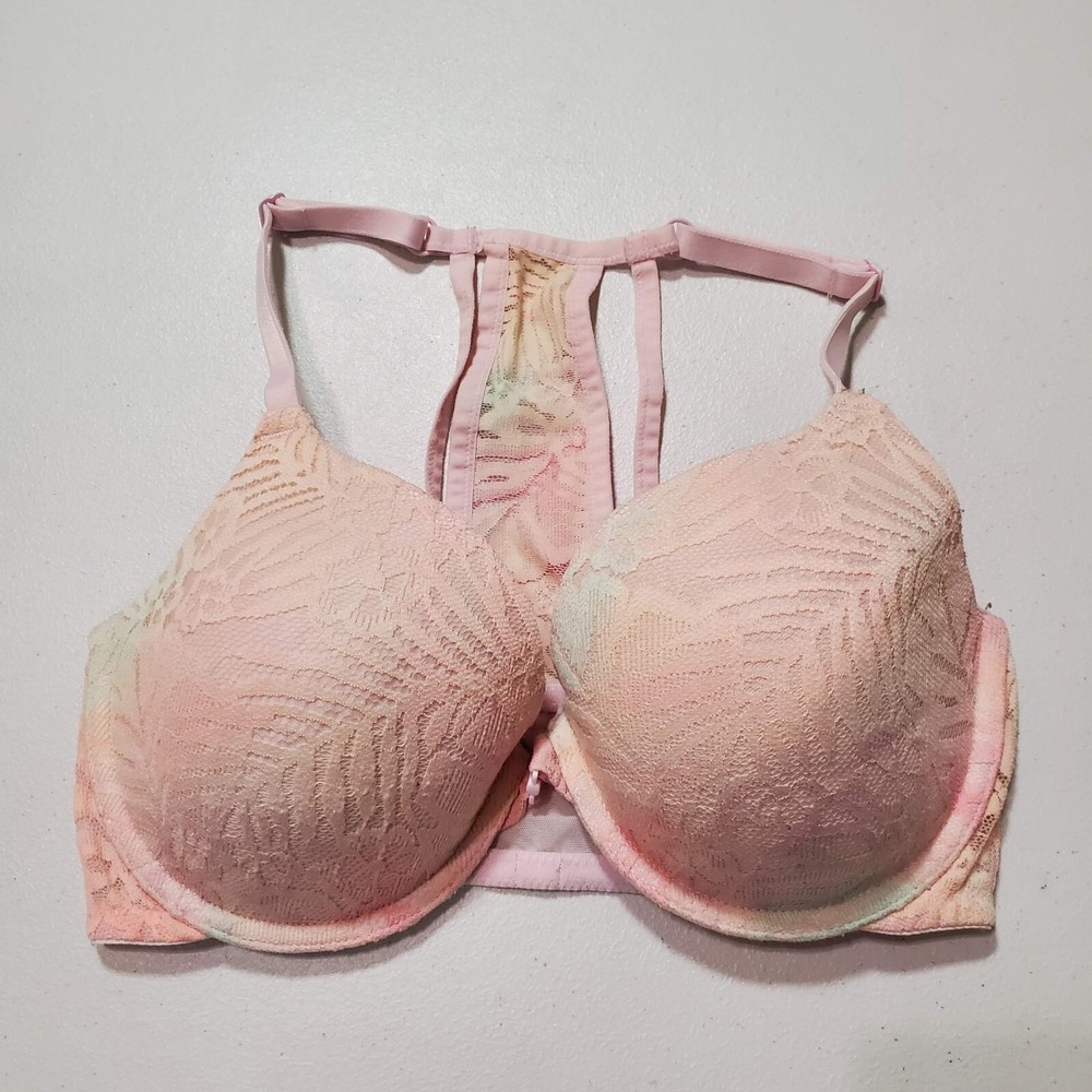 Victoria Secret PINK Women Bra 32DD Pink Lace Lightly Line Racerback Front Close